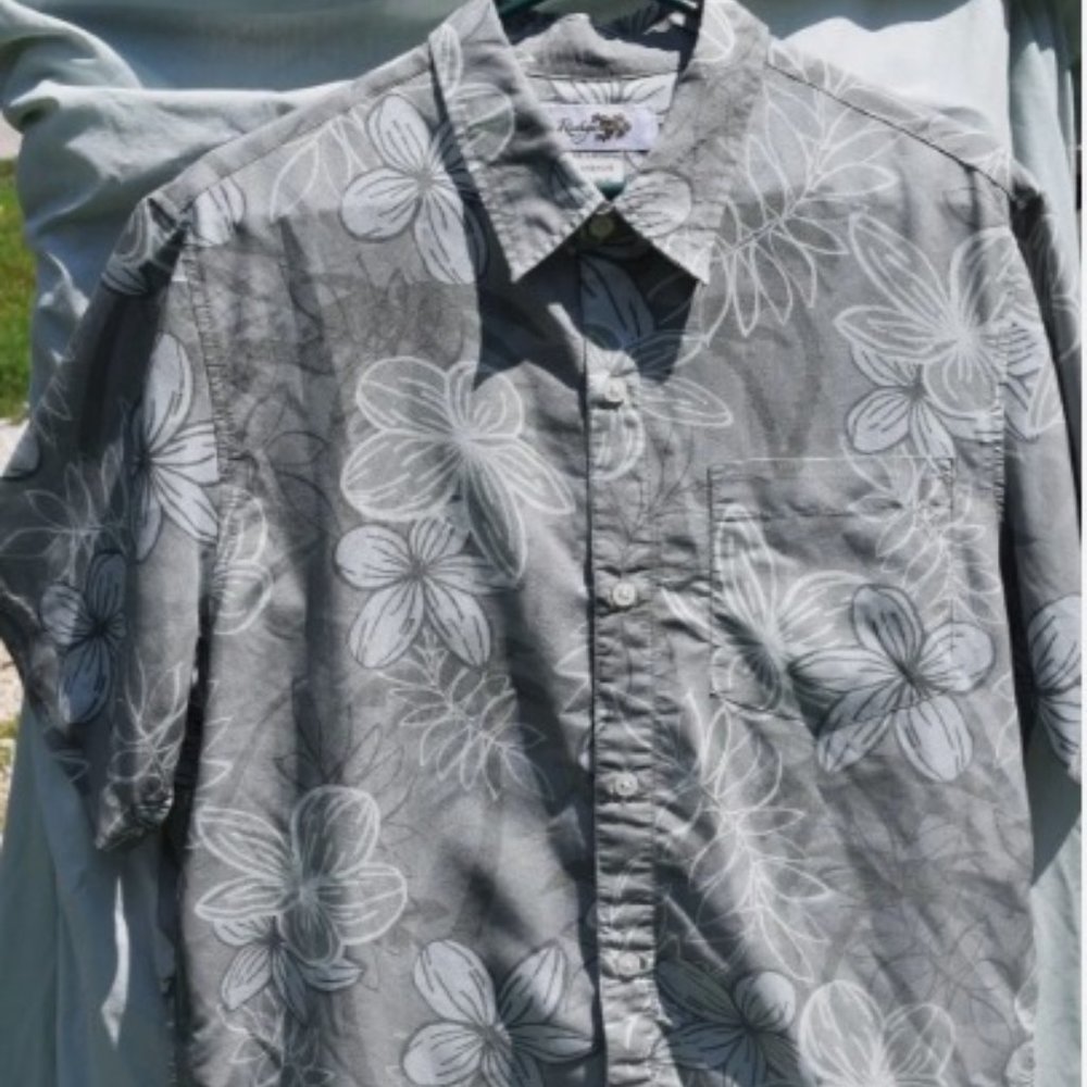 Rushgard Men's Aloha Hawaiian Floral Shirt Green White Flowers S/S Size Medium